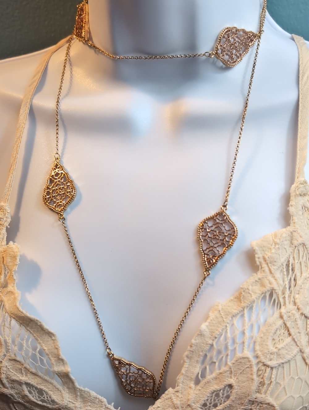 Gold Filigree Leaf Long Necklace - Women Jewelry